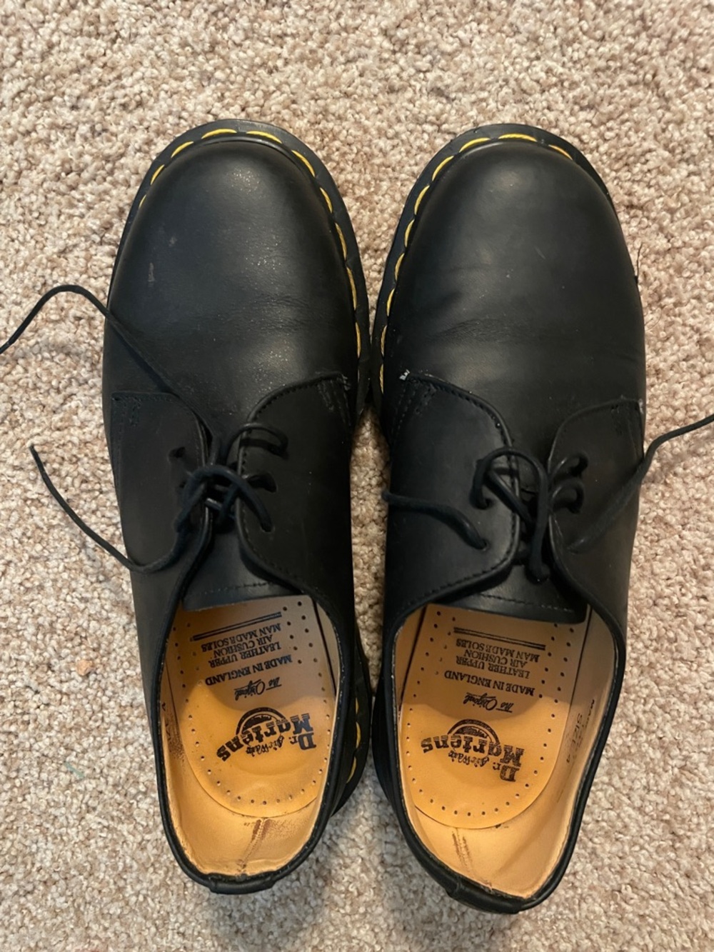 Dr. Martens Black Leather 3-Eye Lace-Up Oxfords with Yellow Stitching